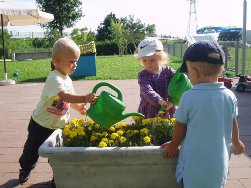 Kindern gießen die Blumen im Garten 