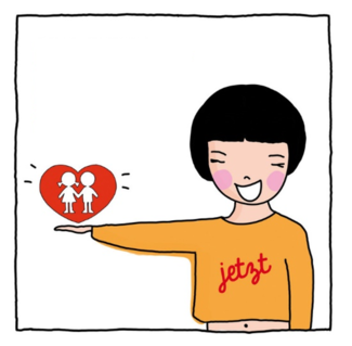 Grafik: Mädchen hält Kinderfreunde-Logo und lächelt