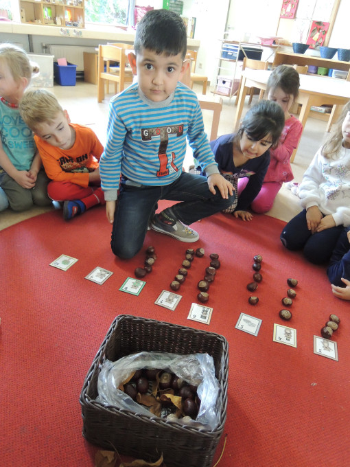 Kinder lernen mit Kastanien zählen 