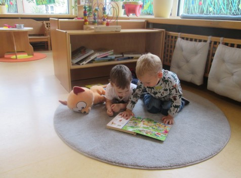 Zwei Jungen studieren gemeinsam ein Bilderbuch