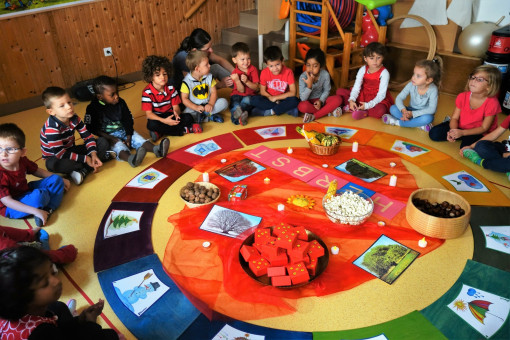 Kinder sitzen im Kreis und lernen Begriffe 