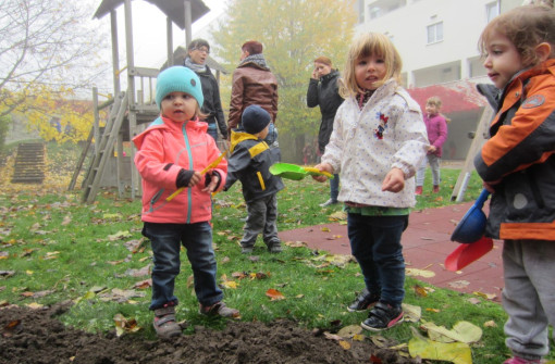 Kinder mit Schaufeln im Garten 