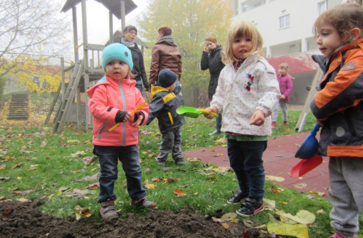 Kinder mit Schaufeln im Garten