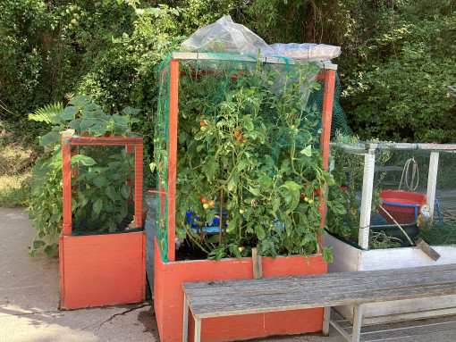 Ein Hochbeet ziert den großen Garten