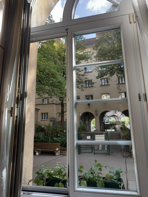 Einblick in den Garten durch ein Fenster im Gruppenraum